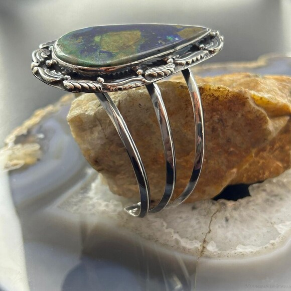 Sterling Southwestern Style Large Teardrop Azurite Malachite Bracelet For Women - Picture 3 of 10